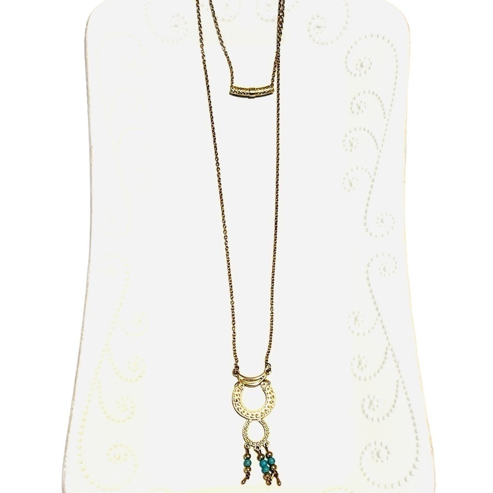 2/$15 - Boho Double Hoop Drop Necklace Gold & Turquoise Statement Necklace NWT